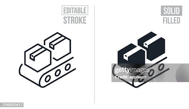 ilustraciones, imágenes clip art, dibujos animados e iconos de stock de paquetes en una cinta transportadora: trazo editable e iconos sólidos - cinta transportadora