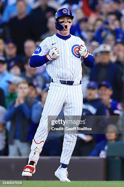 Pete Crow-Armstrong of the Chicago Cubs reacts after a two-RBI single against the Milwaukee Brewers during the first inning in game three of the...