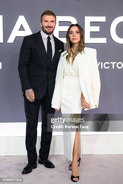 David Beckham and Victoria Beckham attend the "Victoria Beckham" World Premiere at the Curzon Mayfair on October 08, 2025 in London, England.
