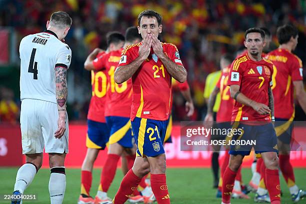 Spain's forward Mikel Oyarzabal celebrates scoring his team's second goal during the 2026 World Cup qualifier Europe zone group E football match...