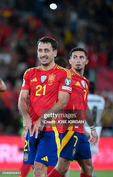 Spain's forward Mikel Oyarzabal celebrates scoring his team's second goal during the 2026 World Cup qualifier Europe zone group E football match...