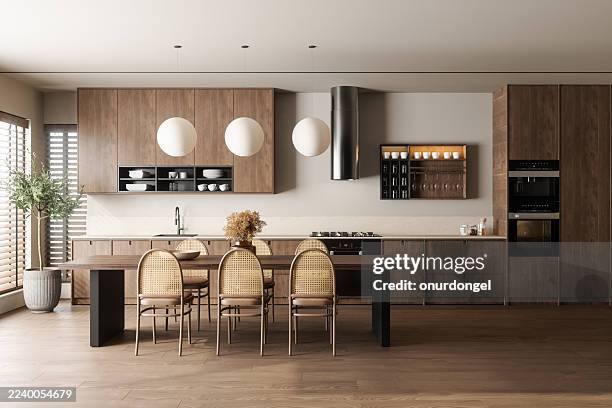 modern japandi style kitchen interior with wooden cabinets and minimalist dining area - eetkamer stockfoto's en -beelden