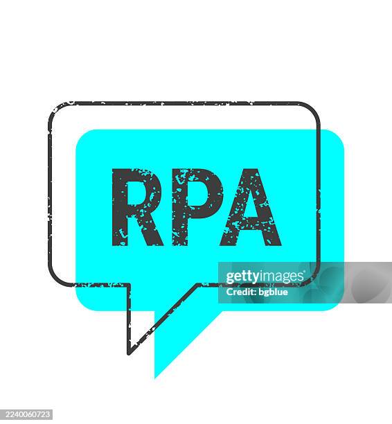 rpa - robotic process automation - blue grunge speech bubble on blank background. - language processing stock illustrations