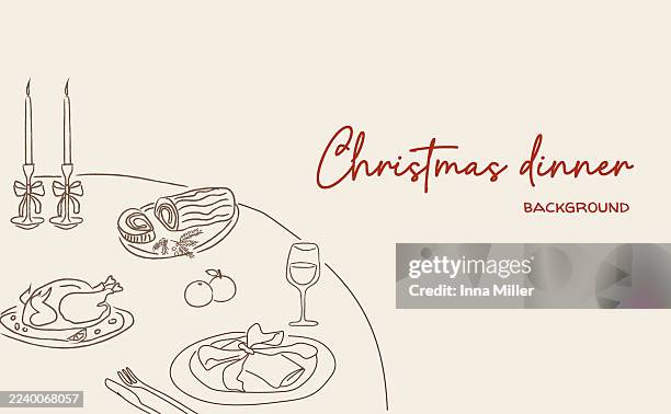 whimsical retro christmas dinner illustration with festive table, roast turkey, yule log cake, candles and wine. holiday background, banner, card or menu template. vector. - christmas dinner party stock illustrations