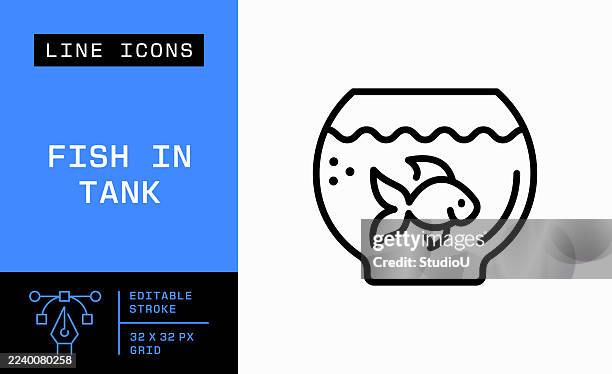 fish in tank single line icon - aquarium stock illustrations