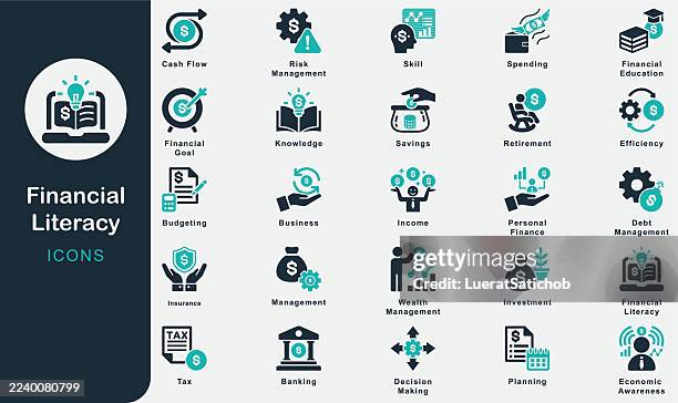 financial literacy solid icons collection.containing knowledge, skill, management, business, savings, efficiency, income, planning, investment, budgeting, spending, debt management, financial, goal - financial literacy stock illustrations