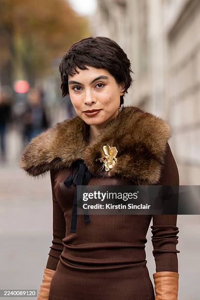 Fer Millan Delaroiere wears Miu Miu outside the Miu Miu show during the Womenswear Spring Summer 2026 as part of Paris Fashion Week on October 06,...