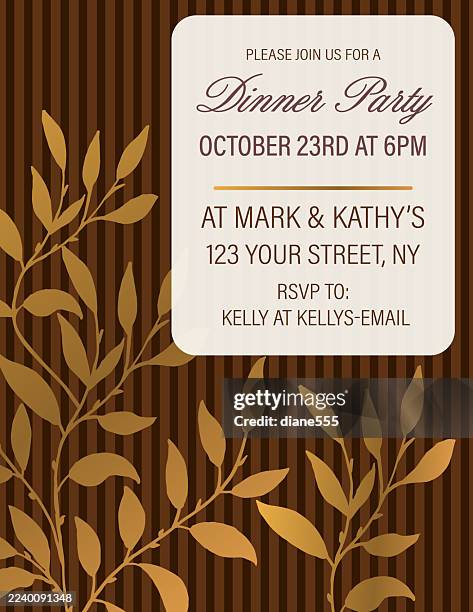 party invitation template with gold vines on a dark brown background - vine leaf stock illustrations