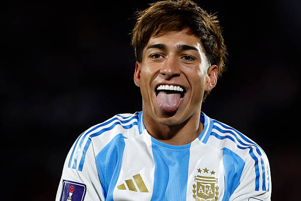 Argentina's forward Maher Carrizo celebrates scoring his team's first goal during the 2025 FIFA U-20 World Cup quarter-final football match between...