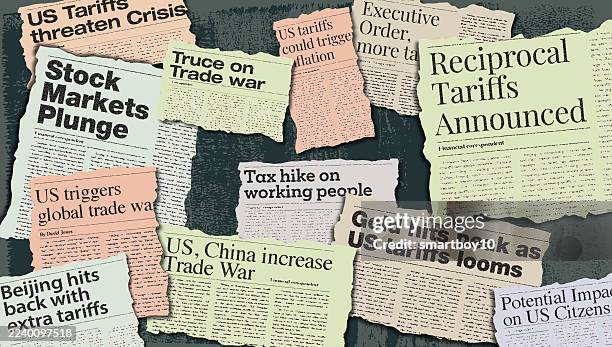 newspaper headlines - tariffs - headlines collage stock illustrations