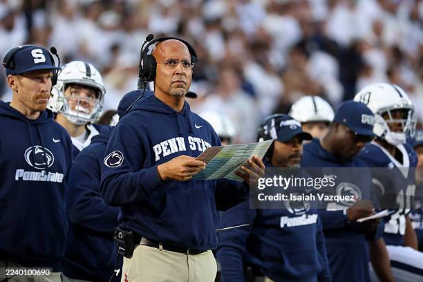 Head Coach James Franklin of the Penn State Nittany Lions looks on during the fourth quarter against the Northwestern Wildcats at Beaver Stadium on...