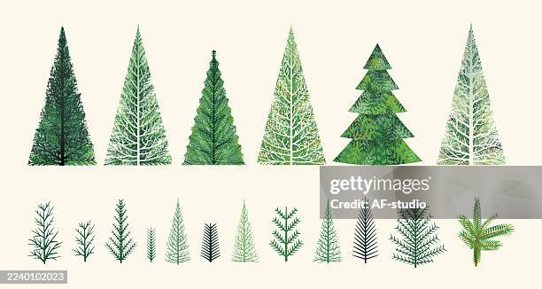 minimalistisches geometrisches weihnachtsbaum-set - weihnachtsbaum freisteller stock-grafiken, -clipart, -cartoons und -symbole
