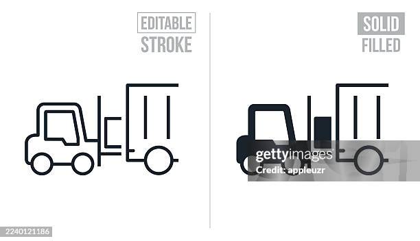 forklift loading freight into the back of a semi-truck - editable stroke and solid icons - loading dock stock illustrations