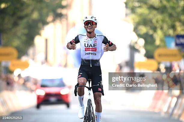 Isaac Del Toro of Mexico and UAE Team Emirates - XRG celebrates at finish line as race winner during the 109th Gran Piemonte 2025 a 179km one day...