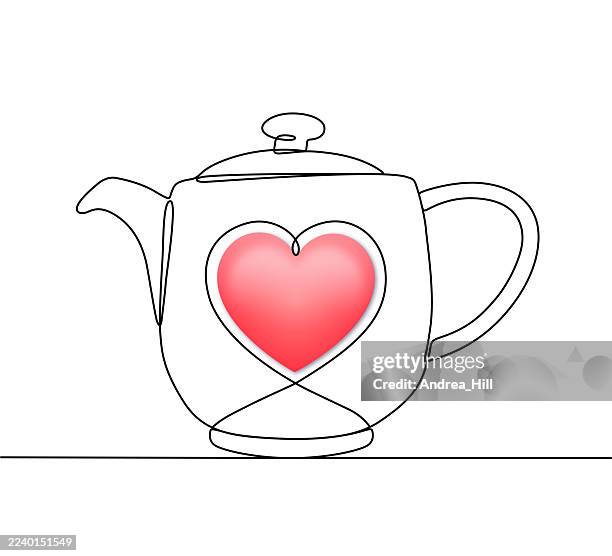 teapot single line drawing vector illustration with 3d red heart - red tea pot stock illustrations