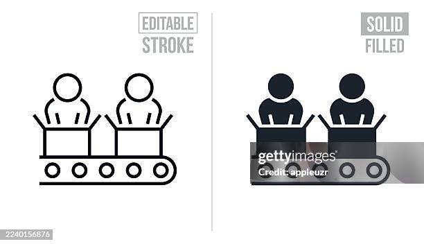 assembly line workers packaging at conveyor belt - editable stroke and solid icons - warehouse worker stock illustrations
