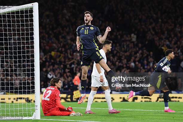 Ryan Christie of Scotland celebrates scoring his team's first goal during the FIFA World Cup 2026 qualifier match between Scotland and Greece at...
