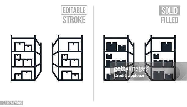 warehouse inventory on shelves - editable stroke and solid icons - empty warehouse stock illustrations