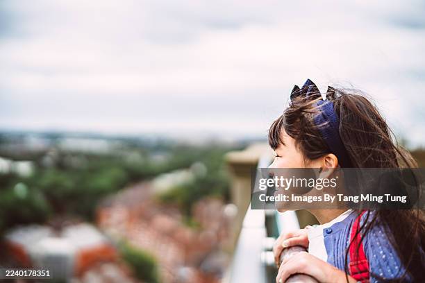 young tourist girl smiling while sightseeing on scenic hilltop - regarder par dessus photos et images de collection