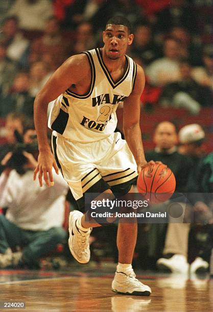 Tim Duncan of Wake Forest dribbles up court during the Demon Deacons versus Mississippi State in the first quarter of their matchup in the Great...