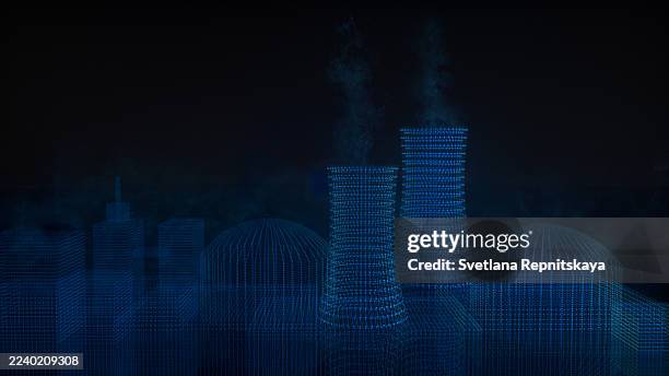 blue digital hologram of a futuristic city and power plant emitting smoke against a dark background - nuclear energy stock pictures, royalty-free photos & images