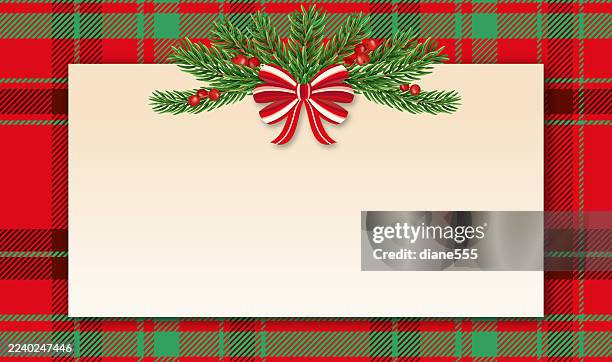plaid christmas banner template with evergreens & a striped bow - plaid background stock illustrations