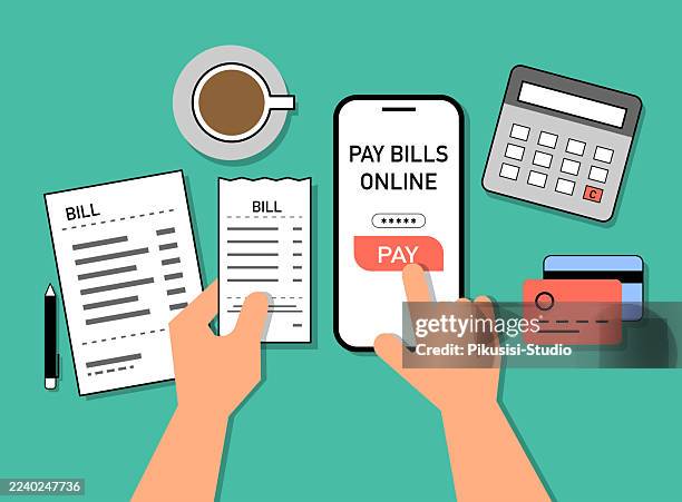 paying bills online using smartphone for digital banking - secure remote working stock illustrations