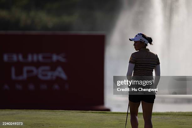 Jeeno Thitikul of Thailand reacts on the 18th green during the second round of the Buick LPGA Shanghai 2025 at Shanghai Qizhong Garden Golf Club on...