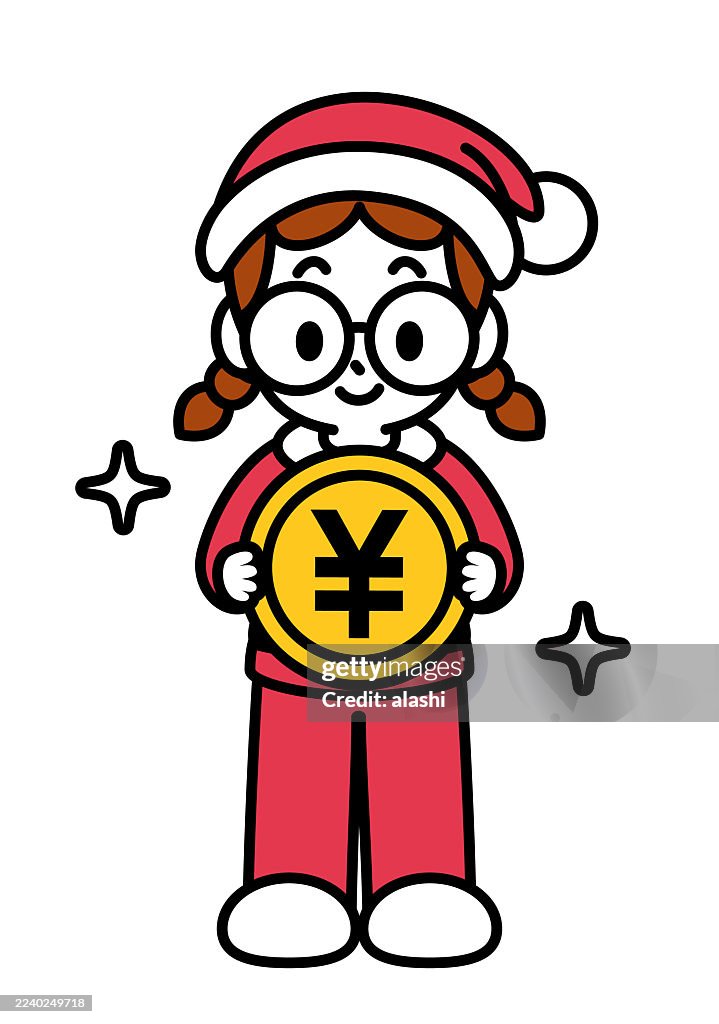 A cute Santa girl in a Christmas suit, smiling happily, holding Money, and looking at the viewer. Front view, black outline with flat colors, minimalist style