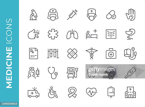 medicine icon set. editable stroke weight. pixel perfect icons. - adhesive bandage stock illustrations