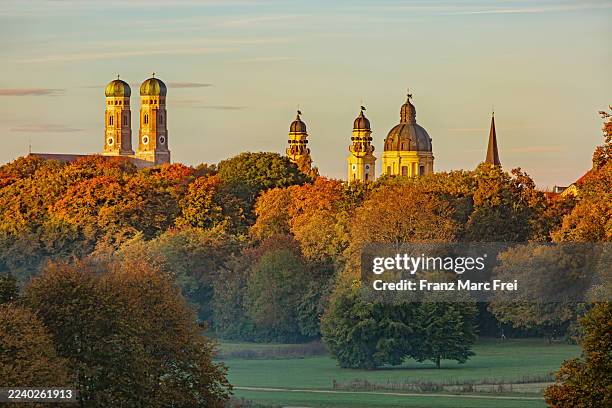 idyllic munich cityscape in the morning - englischer garten stock-fotos und bilder