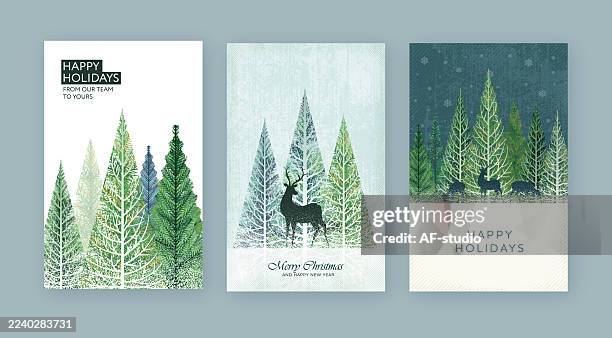 set of minimalist christmas cards with stylized evergreen trees and deer silhouettes - deer stock illustrations