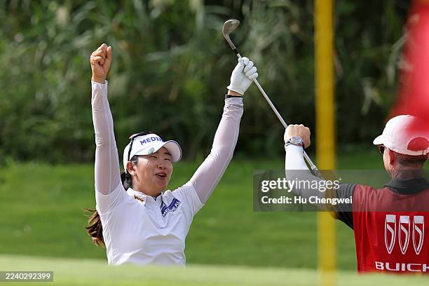 Kim A Lim of South Korea reacts on the 11th green during the second round of the Buick LPGA Shanghai 2025 at Shanghai Qizhong Garden Golf Club on...