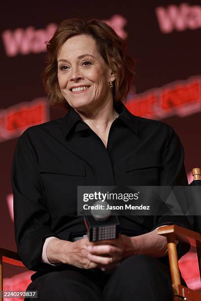 Sigourney Weaver speaks onstage at Sigourney Weaver on ALIEN and Beyond during New York Comic Con 2025 at The Jacob K. Javits Convention Center on...