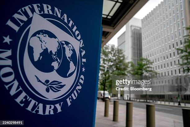 International Monetary Fund signage outside the IMF headquarters in Washington, DC, US, on Sunday, Oct. 12, 2025. The head of the International...