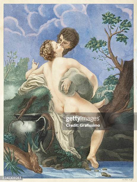 god jupiter disguised as a cloud embraces and kisses the nymph io. - psyche stock illustrations