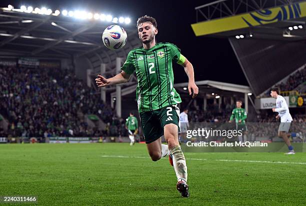 Conor Bradley of Northern Ireland controls the ball during the FIFA World Cup 2026 Qualifier match between Northern Ireland and Slovakia at Windsor...