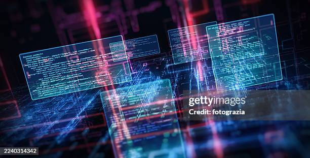 futuristic programming interface with digital code - code stockfoto's en -beelden