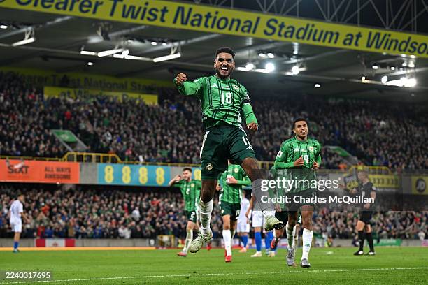 Jamie Reid of Northern Ireland celebrates a goal which was later ruled out for offside during the FIFA World Cup 2026 Qualifier match between...