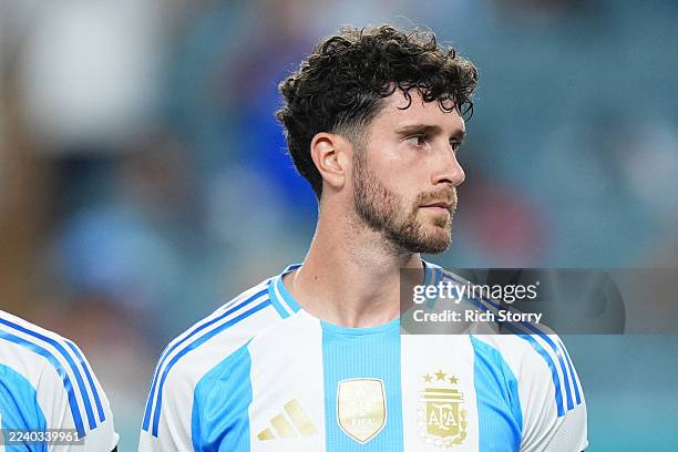 Marcos Senesi of Argentina lines up prior to the International Friendly between Argentina and Venezuela at Hard Rock Stadium on October 10, 2025 in...