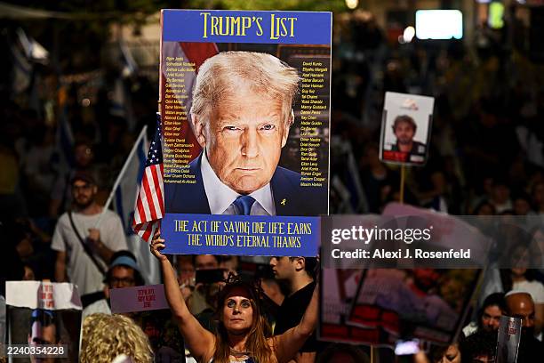 People hold up a poster of U.S. President Donald Trump as they wait for the start of the hostage release live stream at Hostages Square on October...