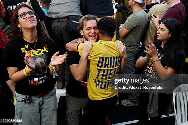 People react as they watch the hostage release live stream at Hostages Square on October 13, 2025 in Tel Aviv, Israel. The ceasefire deal between...