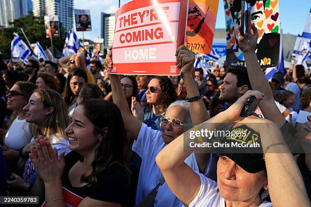 People react as they watch the hostage release live stream at Hostages Square on October 13, 2025 in Tel Aviv, Israel. The ceasefire deal between...