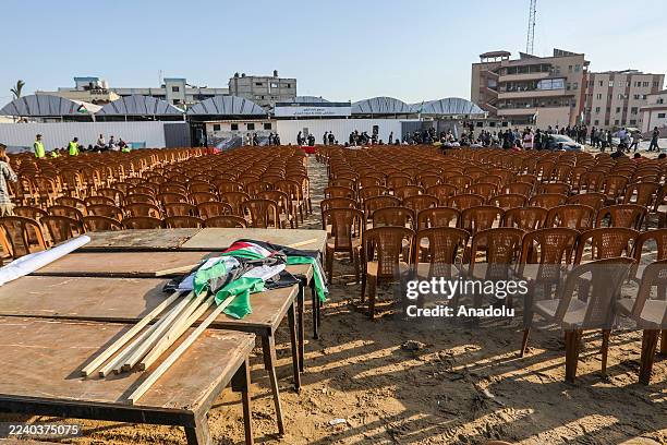 General view of preparations at Nasser Hospital for the release of Palestinians under the ceasefire and hostage-exchange agreement between Israel and...