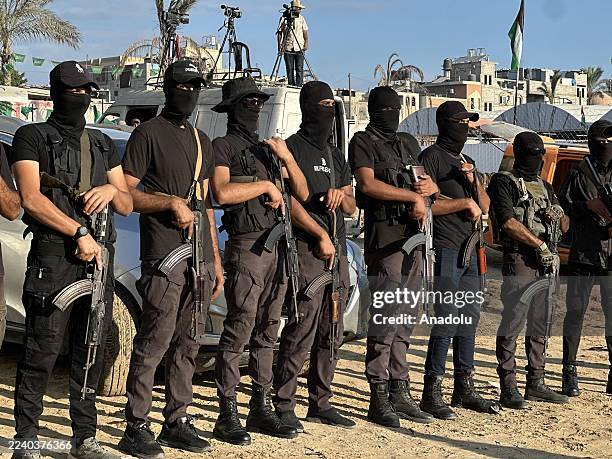 Security forces take security measures as preparations are completed at Nasser Hospital to welcome Palestinians to be released under the cease-fire...