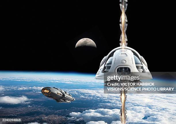 ilustrações de stock, clip art, desenhos animados e ícones de space elevator, conceptual illustration - elevador