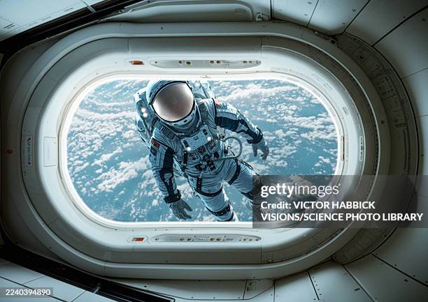 bildbanksillustrationer, clip art samt tecknat material och ikoner med astonaut seen from spaceship window, illustration - astronaut