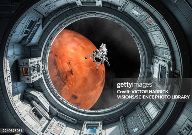 ilustraciones, imágenes clip art, dibujos animados e iconos de stock de lander as seen from spaceship window, illustration - nave espacial