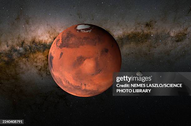mars and phobos, illustration - mars planet stock-grafiken, -clipart, -cartoons und -symbole