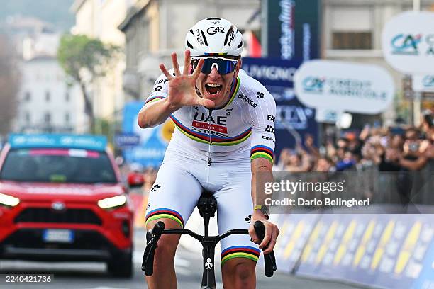 Tadej Pogacar of Slovenia and Team UAE Team Emirates celebrates at finish line as race winner during the 119th Il Lombardia 2025 a 241km one day race...